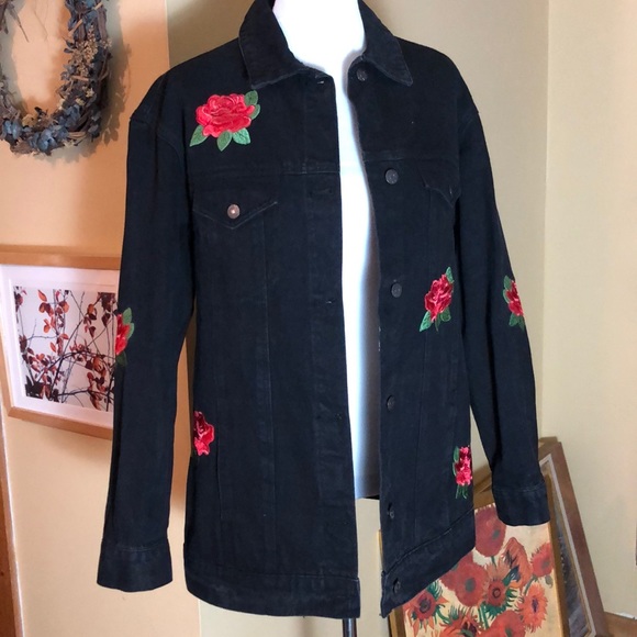 CELLO Made4You Size SMALL Rose Embroidered Denim Black Jean Jacket $74 NEW - Picture 6 of 16